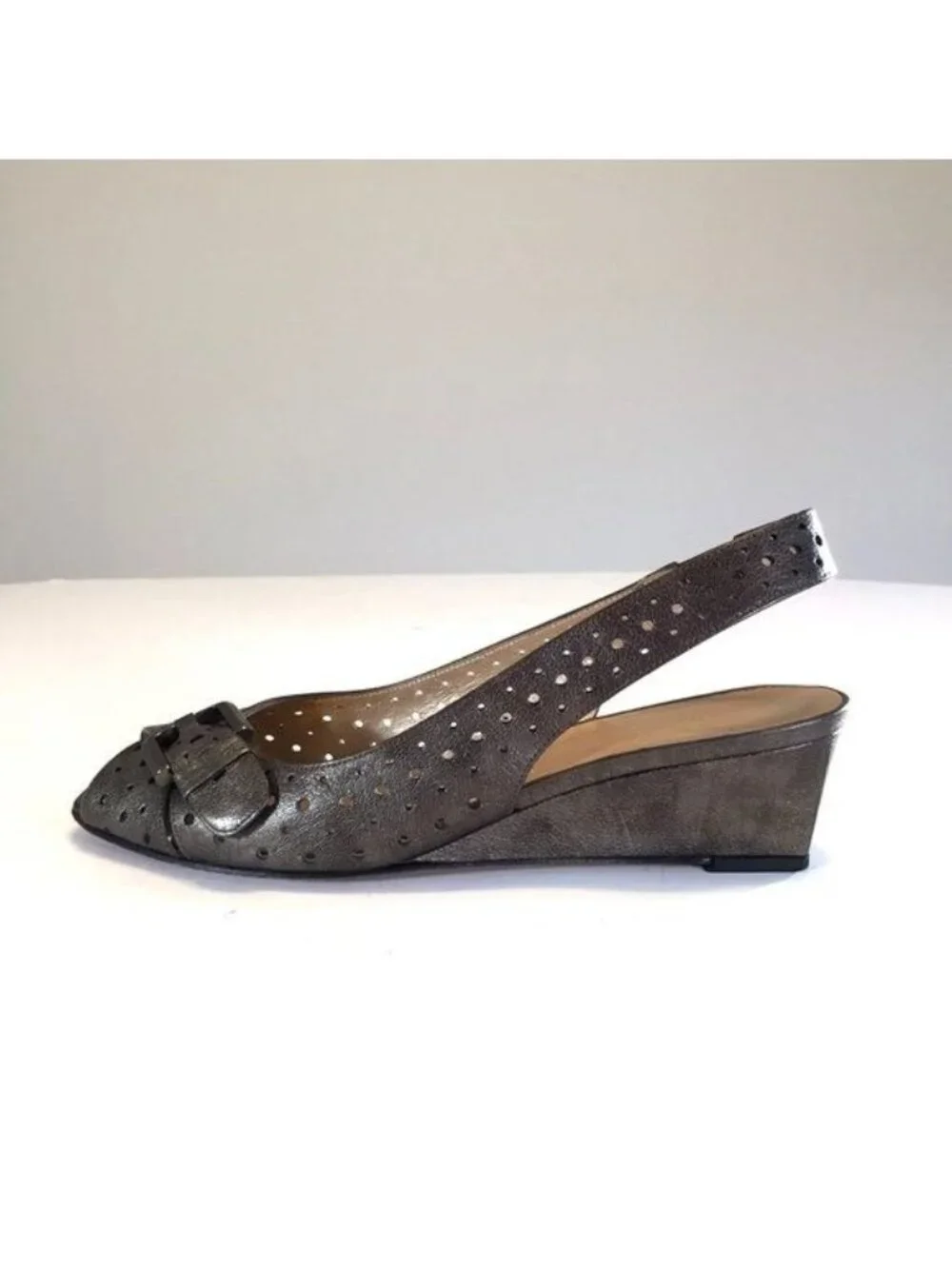 Stuart Weitzman Womens Gray Perforated Leather Wedge Heels Slingback size 6.5